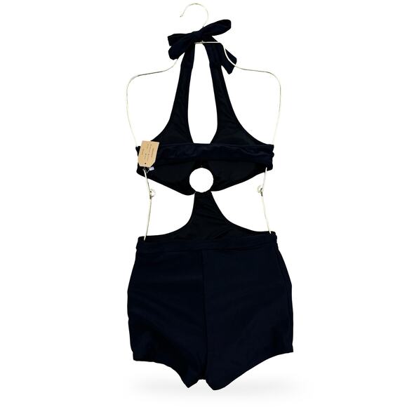 Hilinker Black Cutout Halter One-Piece Swimsuit with High-Waisted Shorts Size S - Picture 5 of 7
